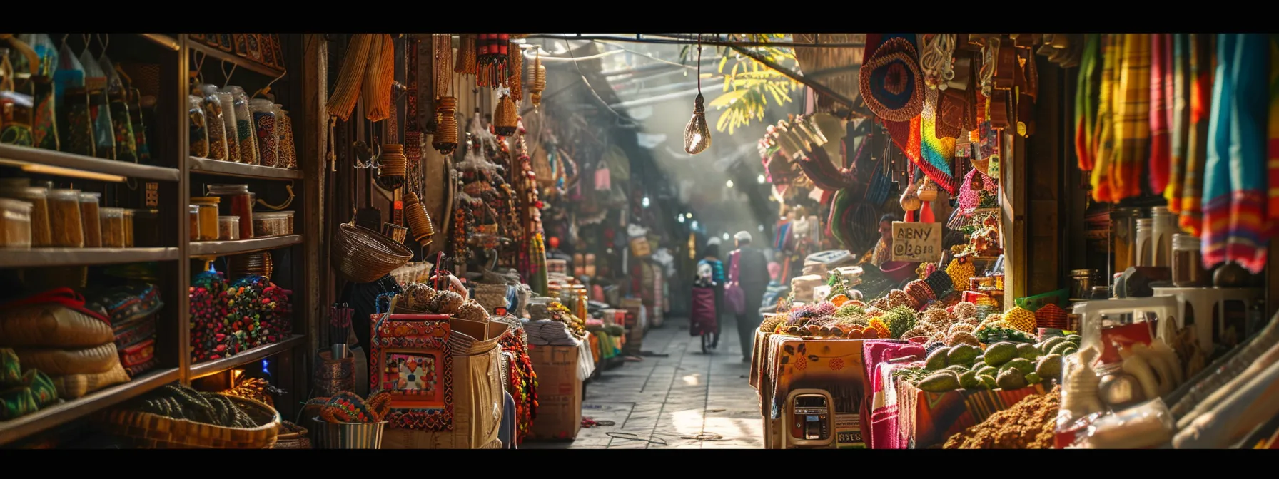 capturing a vibrant market scene filled with colorful handmade crafts and bustling vendors.