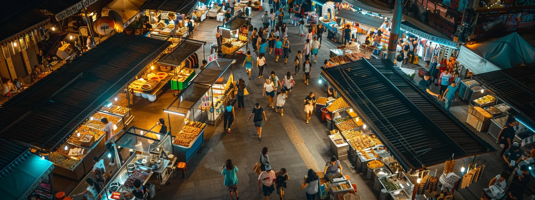 a bustling night market with diverse food stalls and cultural performances.