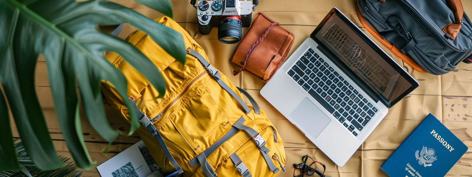 a well-equipped backpack with a laptop, travel budget, workout gear, and passport, symbolizing the essentials for a successful nomadic lifestyle.