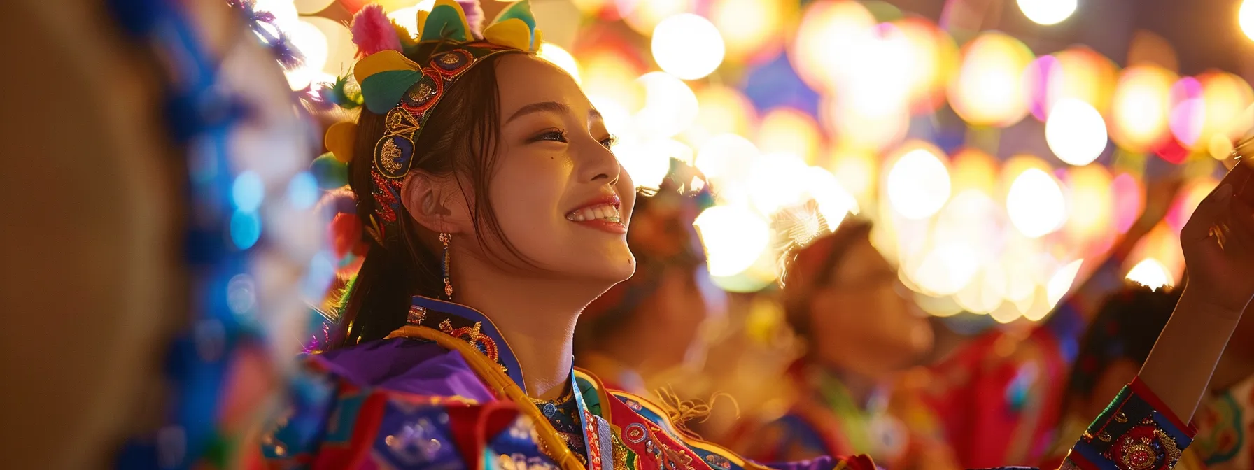 a traveler immersed in a vibrant cultural festival, surrounded by traditional music, colorful costumes, and joyful community members.