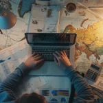 a person sitting at a laptop with a calculator and papers spread out in front of them, surrounded by a map and travel guides.