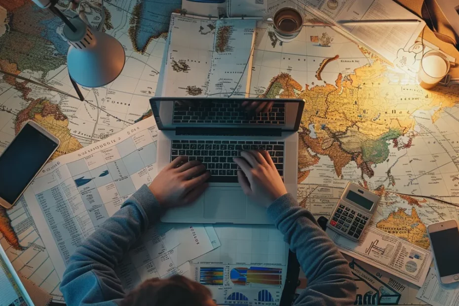 a person sitting at a laptop with a calculator and papers spread out in front of them, surrounded by a map and travel guides.