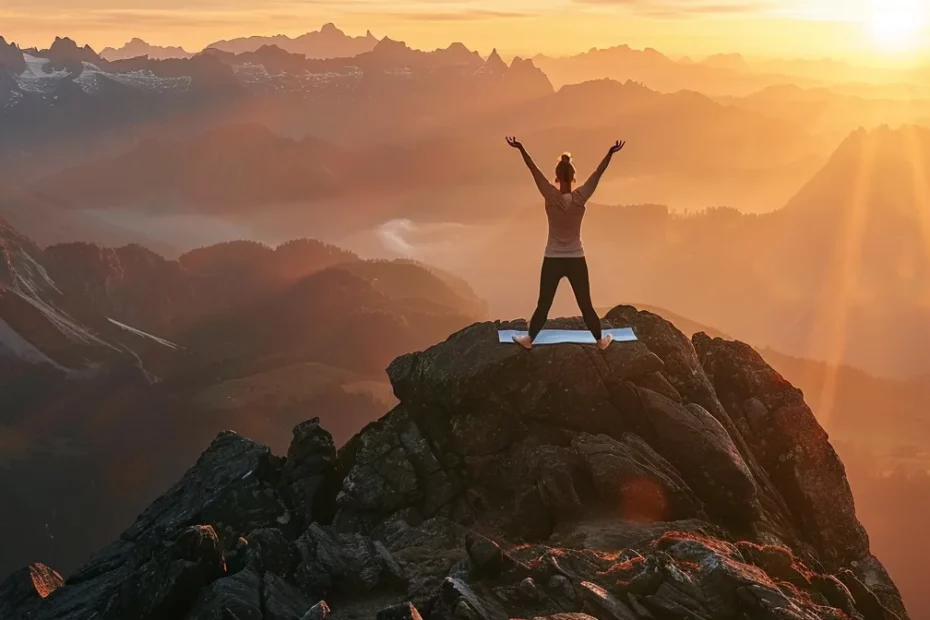 a person practicing yoga on a serene mountaintop at sunrise, showcasing the freedom and flexibility of a nomadic lifestyle.