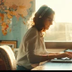 a woman sits at a laptop in a sunlit room, surrounded by travel guides and a world map.