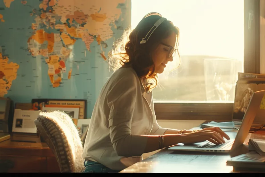 a woman sits at a laptop in a sunlit room, surrounded by travel guides and a world map.