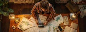 Eine Person, die an einem Schreibtisch sitzt, umgeben von Diagrammen und Taschenrechnern, und im Rahmen eines nomadischen Lebensstils Finanzzahlen und Wechselkurse verschiedener Länder vergleicht.