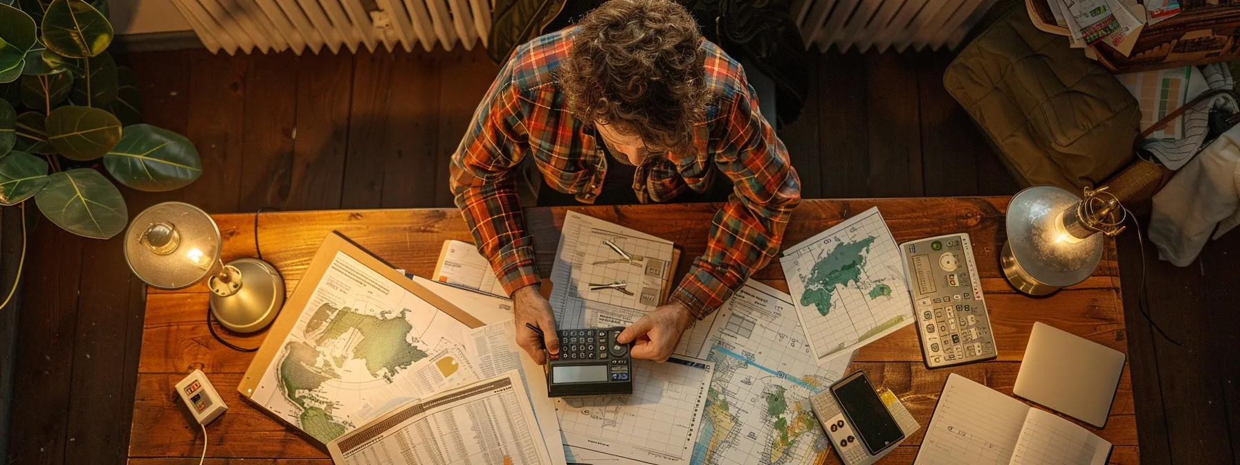 a person sitting at a desk surrounded by charts and calculators, comparing financial numbers and exchange rates of different countries for a nomadic lifestyle.