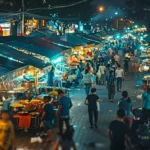 a bustling night market filled with sizzling woks and colorful stalls selling aromatic street food.