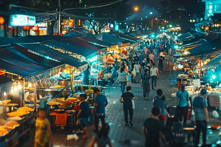 a bustling night market filled with sizzling woks and colorful stalls selling aromatic street food.