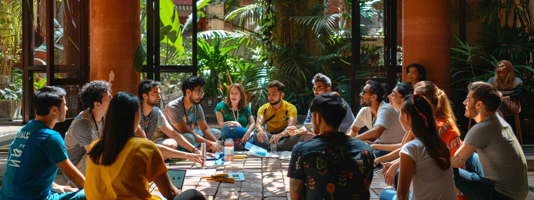 a group of diverse digital nomads engaging in cultural activities together, building connections and overcoming language barriers.