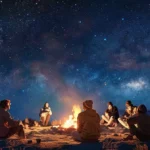 How Nomadism Enhances Cultural Understanding and Fosters Global Connections 14 a group of diverse individuals gathered around a crackling campfire exchanging stories under a starry sky.