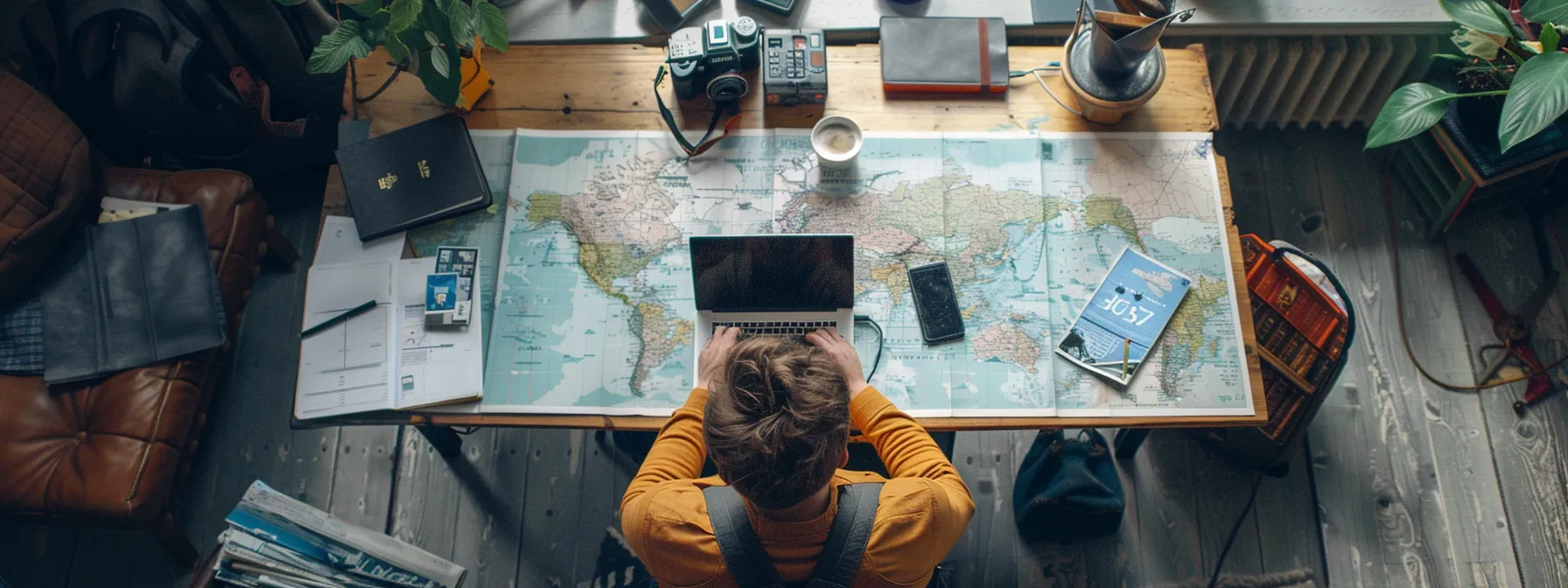 a person sitting at a desk with a laptop, surrounded by travel guides, maps, and receipts, calculating expenses for their digital nomad lifestyle.