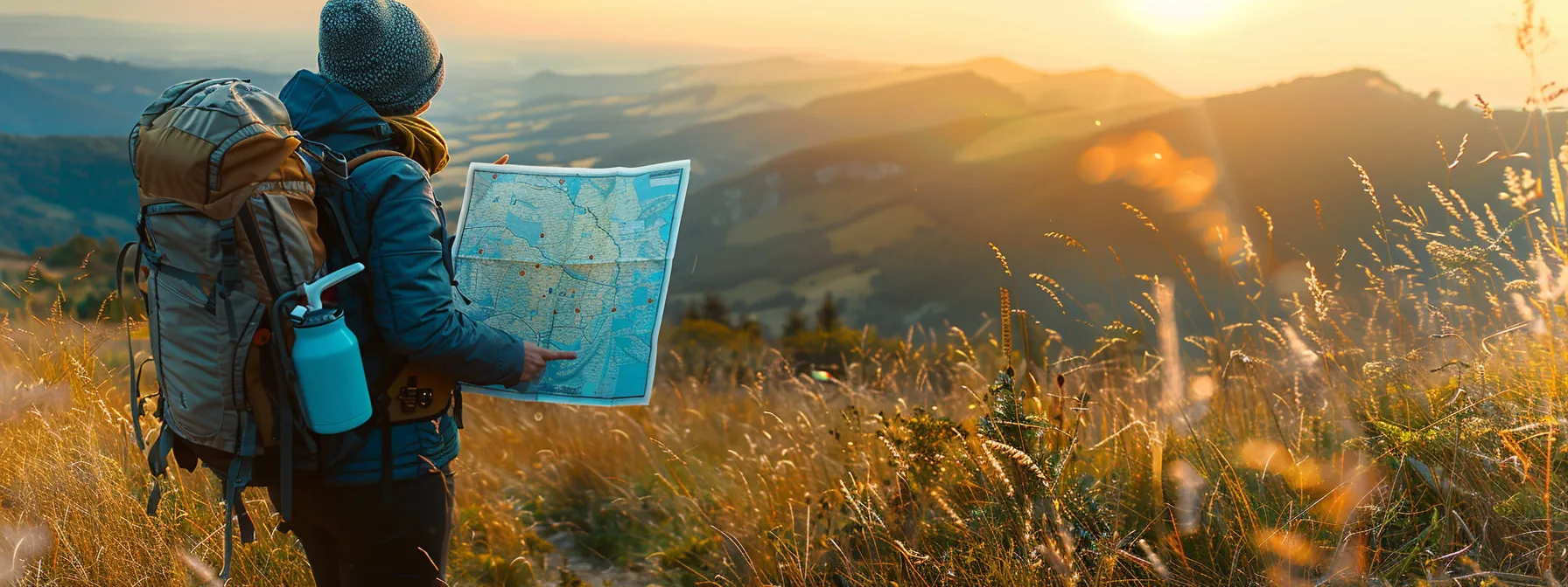 a serene landscape with a traveler gazing at a map, surrounded by a backpack and a camera, ready to embark on a slow travel journey.