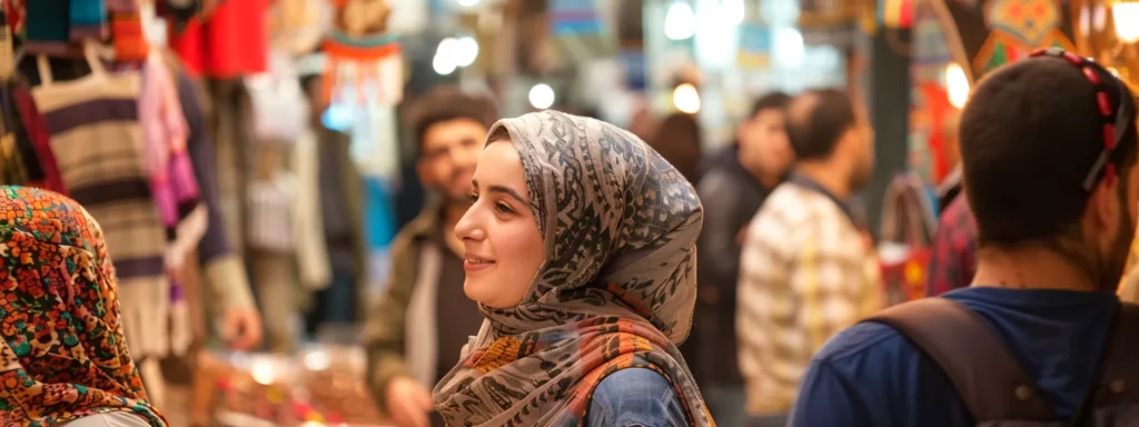 Enhancing Language Skills Through Nomadic Living Experiences 4 a traveler confidently conversing with a local in a bustling middle eastern market, absorbing new vocabulary and cultural nuances with each interaction.