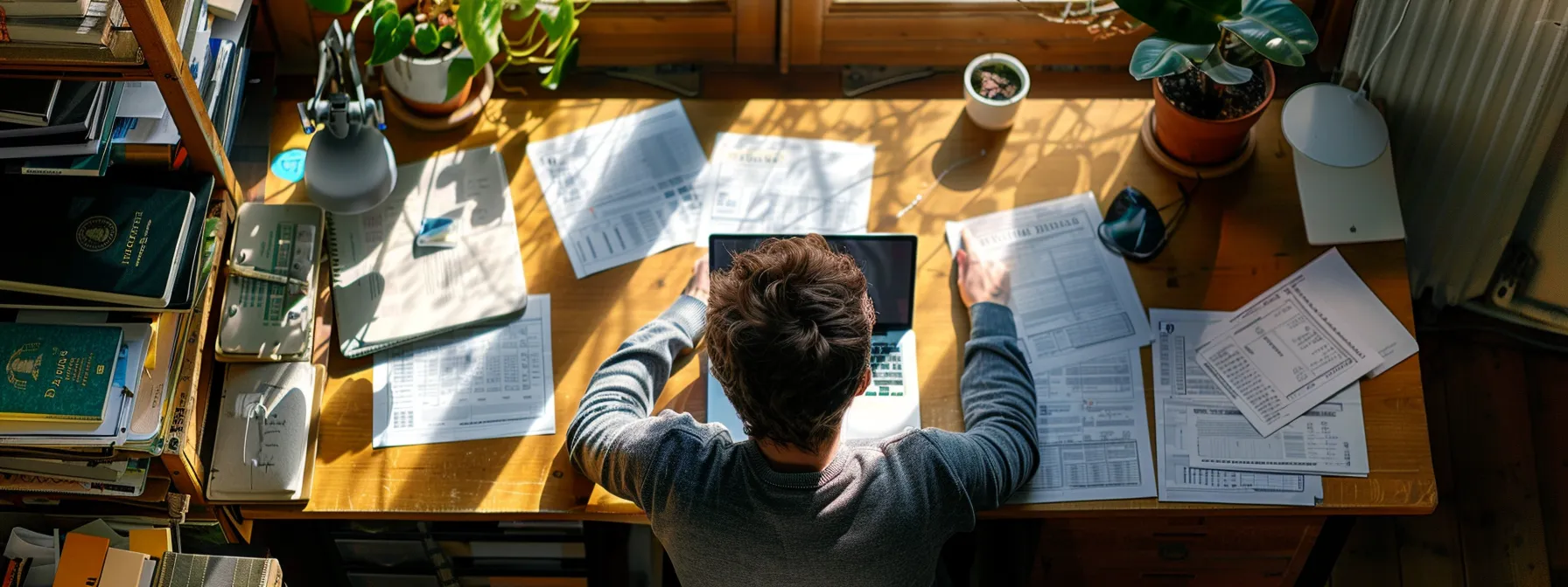 a person sitting at a desk, surrounded by paperwork, a laptop, and a passport, carefully reviewing documents for a digital nomad visa application.