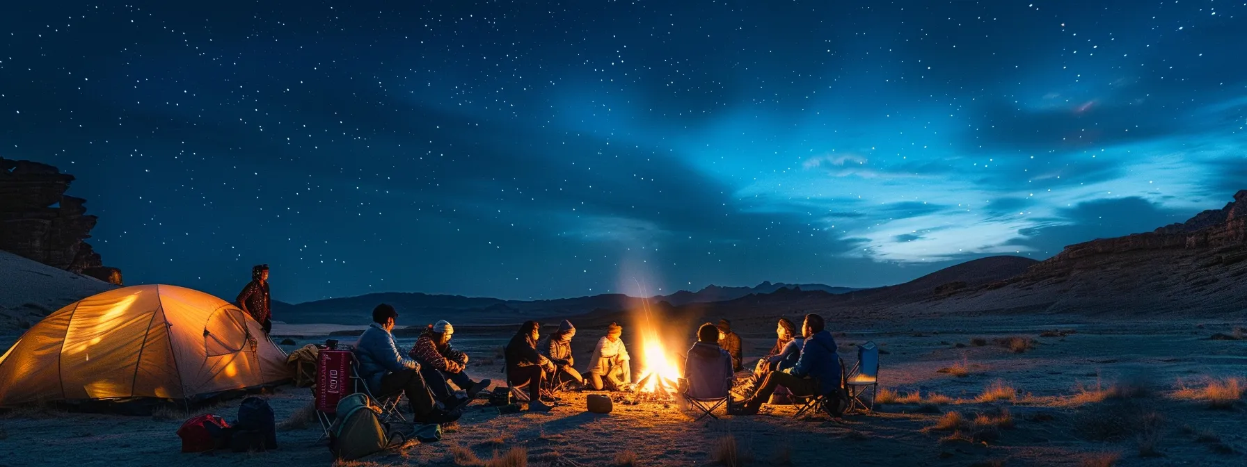 a group of seasoned nomads huddled around a campfire under a starlit sky, sharing stories of resilience and adventure, their faces illuminated by the warm glow of the flames.