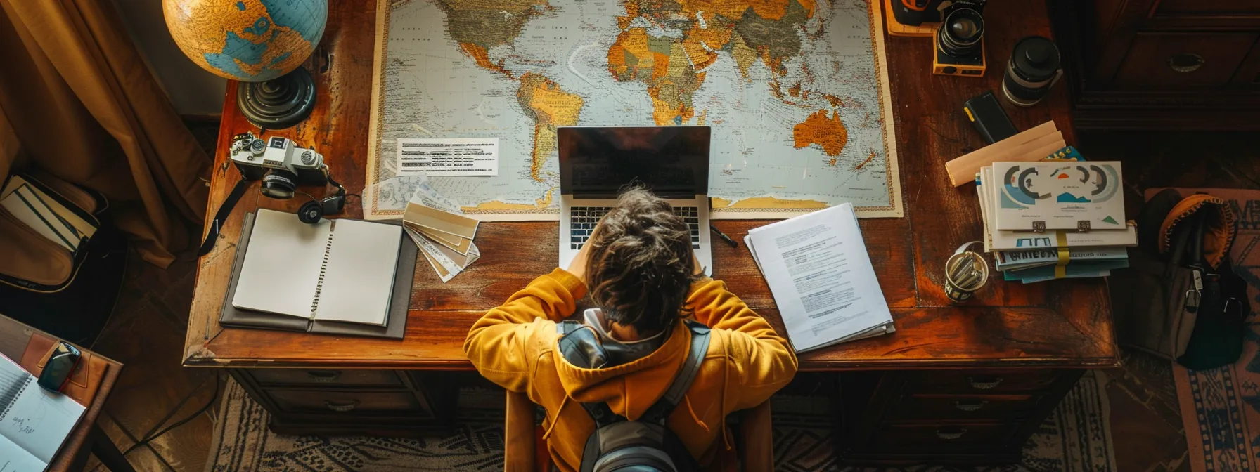 a person sitting at a desk surrounded by travel documents, a laptop, and a world map, preparing to apply for a digital nomad visa.