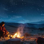 a nomad cooking a simple, budget-friendly meal over a crackling campfire under a starlit sky.