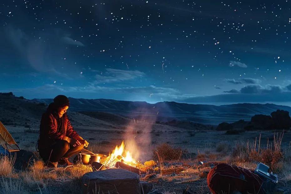 a nomad cooking a simple, budget-friendly meal over a crackling campfire under a starlit sky.