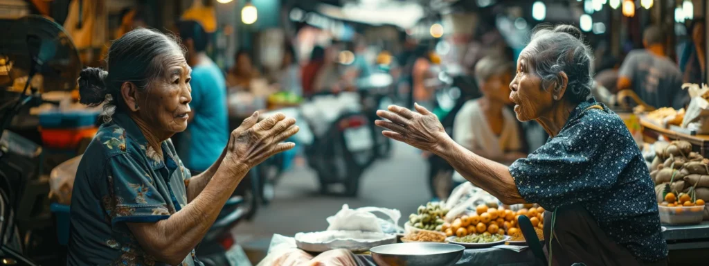 Enhancing Language Skills Through Nomadic Living Experiences 3 a traveler engaging in a conversation with a local street vendor using gestures and expressions to overcome language barriers in a bustling market in southeast asia.