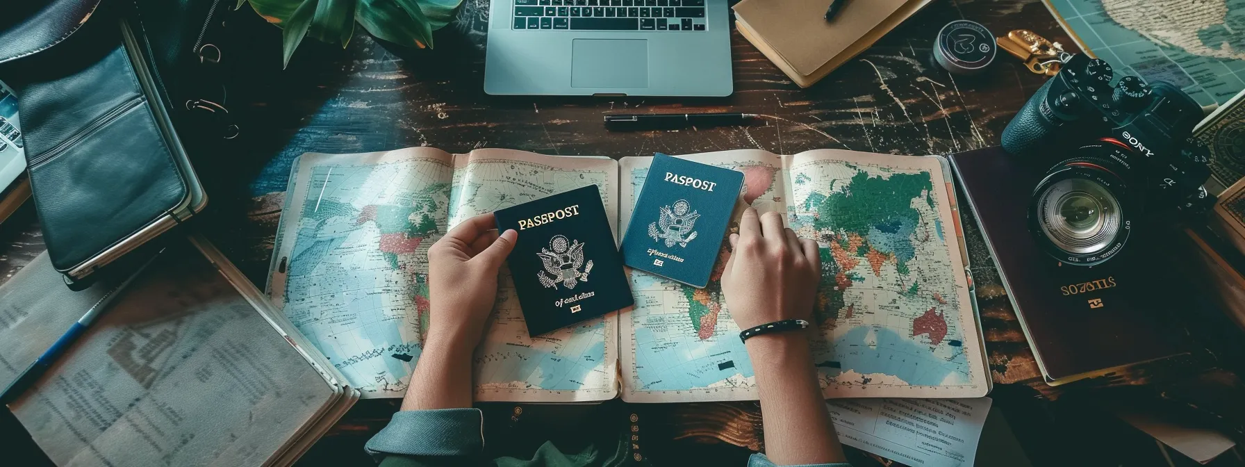 a person sitting at a desk with multiple passports open and a laptop nearby, researching visa requirements and planning travel itineraries.