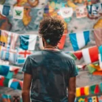 a person surrounded by a variety of world flags, researching country-specific nomad visa eligibility criteria.