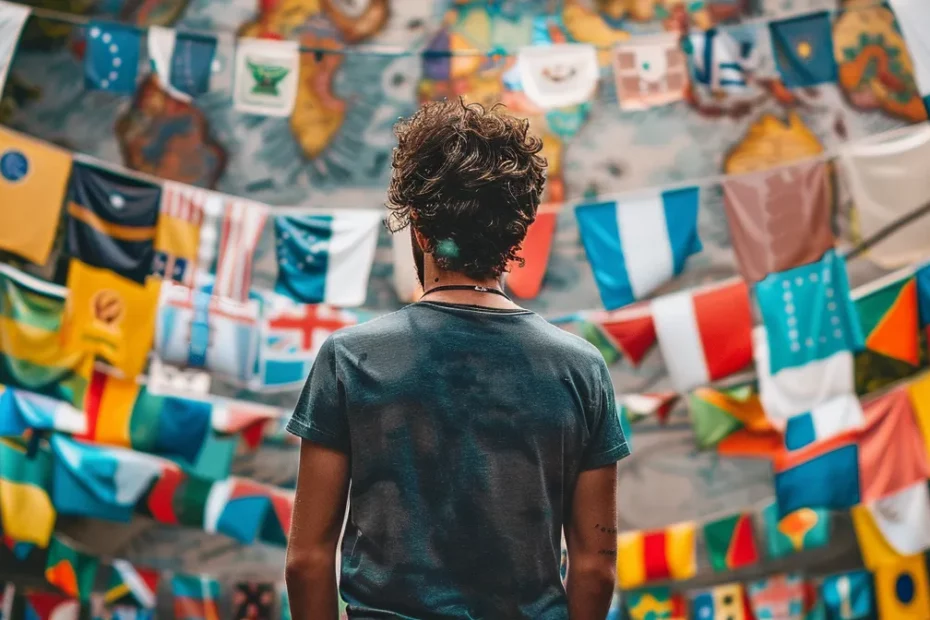 a person surrounded by a variety of world flags, researching country-specific nomad visa eligibility criteria.