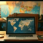 a laptop and passport on a wooden desk with travel photos and maps in the background.