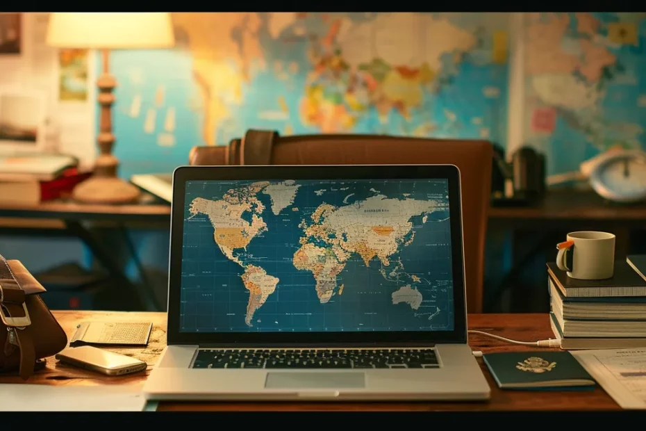 a laptop and passport on a wooden desk with travel photos and maps in the background.