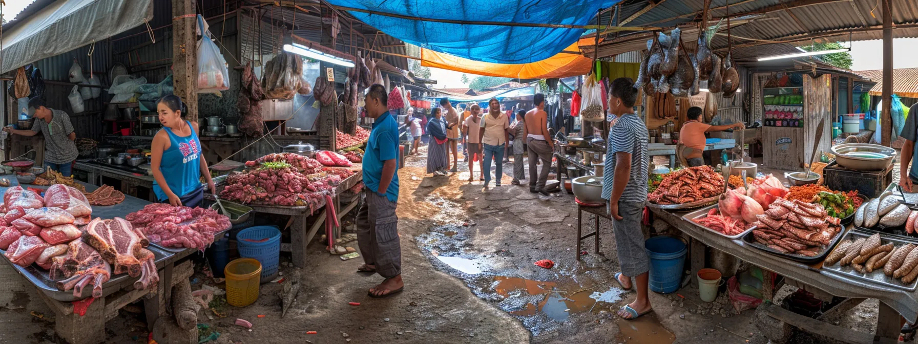 an image of a bustling street market in luang prabang, showcasing colorful meat dishes at low prices and locals negotiating prices with vendors amidst stunning limestone landscapes.