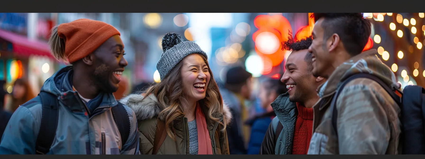 a group of diverse people laughing and talking together in a vibrant and bustling city.