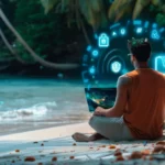 an image of a digital nomad sitting on a tropical beach, using a laptop with a strong wifi signal, surrounded by a secure firewall and padlock icons to represent secure online banking tips.