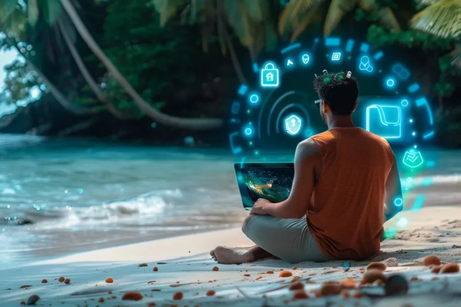 an image of a digital nomad sitting on a tropical beach, using a laptop with a strong wifi signal, surrounded by a secure firewall and padlock icons to represent secure online banking tips.