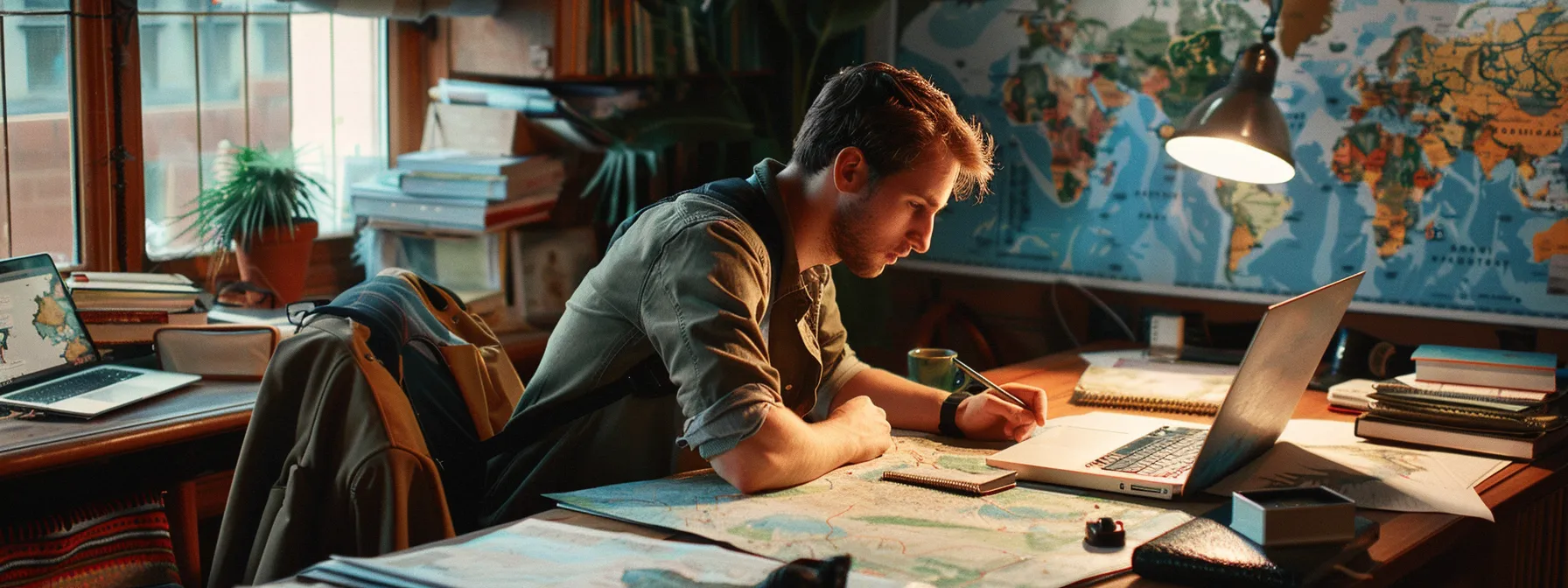 a traveler sitting at a desk, surrounded by maps, travel guides, and a laptop, carefully planning their personalized loyalty strategy for hotel rewards.