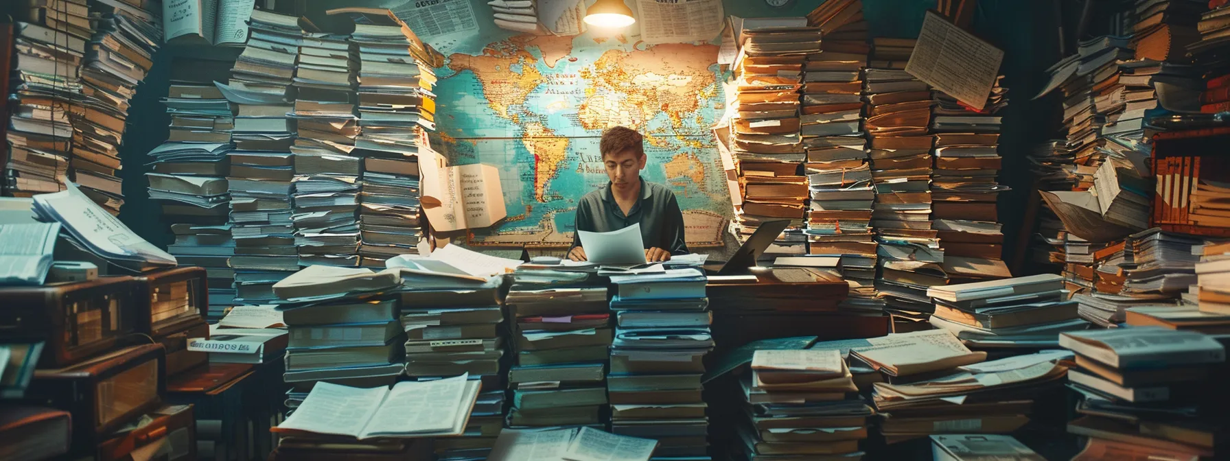 a person surrounded by stacks of international tax forms and legal documents, with a world map in the background, highlighting the complexities of managing taxes and legalities as a perpetual traveler.