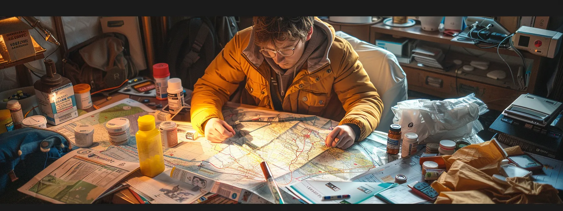 a digital nomad surrounded by maps, medication bottles, and travel gear, contemplating their personal health insurance needs.