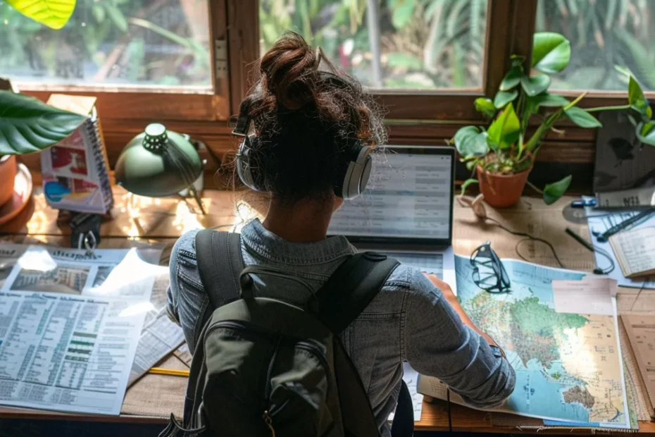 a digital nomad sitting at a laptop surrounded by travel photos, maps, and documents, looking at a spreadsheet comparing health insurance options.