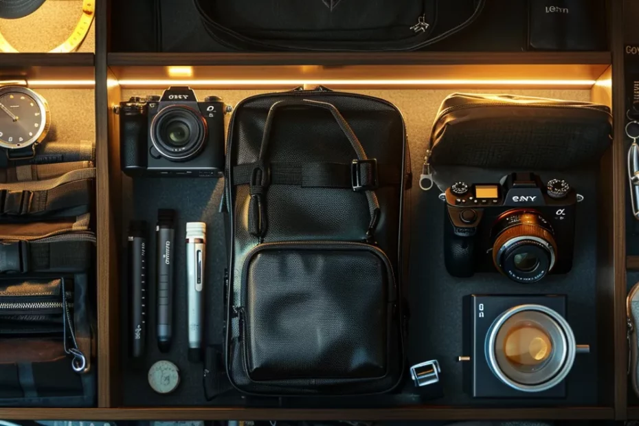 a sleek, organized suitcase filled with high-tech gadgets and travel essentials ready for an adventure.