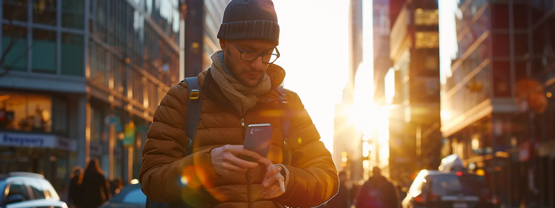 a digital nomad confidently navigating a bustling city street while securely accessing their mobile banking app on a sleek, modern smartphone.