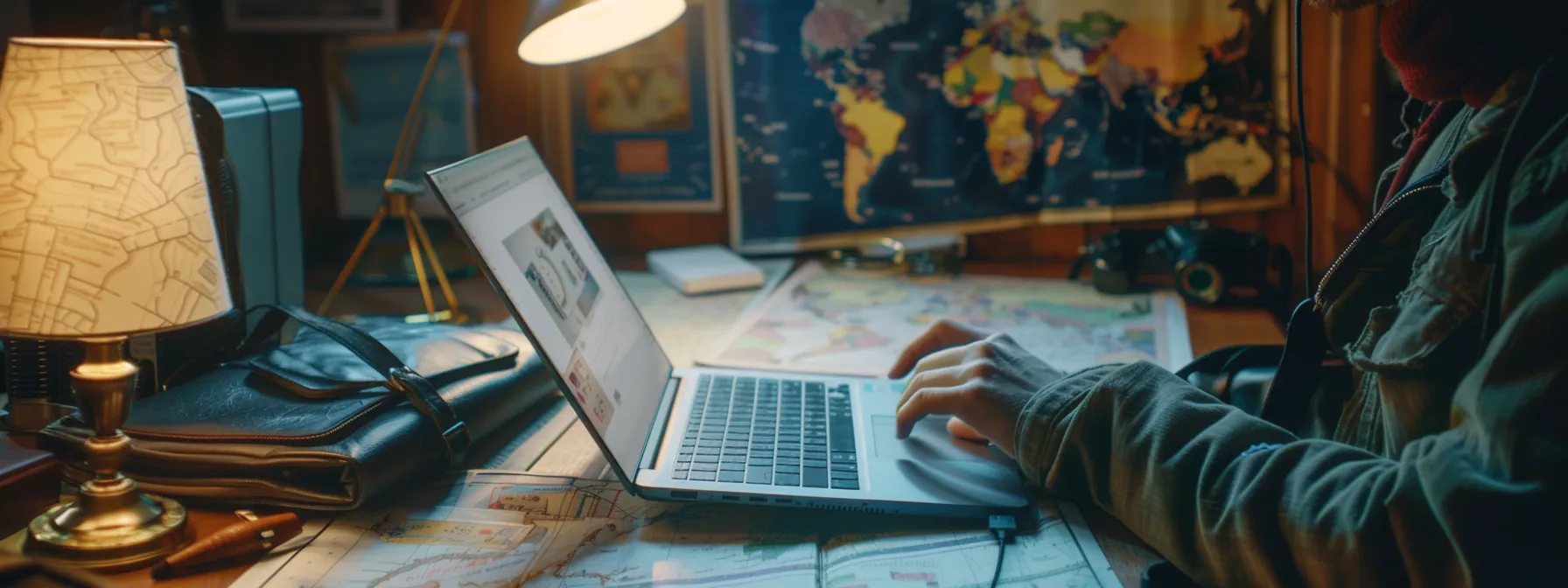 a traveler carefully comparing different travel insurance plans on a laptop, surrounded by maps and travel guides, highlighting the importance of choosing the right coverage for an extended trip.