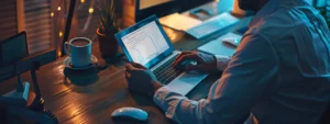 Eine Person, die an einem Laptop mit tragbarem Ständer, kompakter Tastatur und Bildschirmfilter arbeitet und so unterwegs einen komfortablen und effizienten Arbeitsplatz schafft.