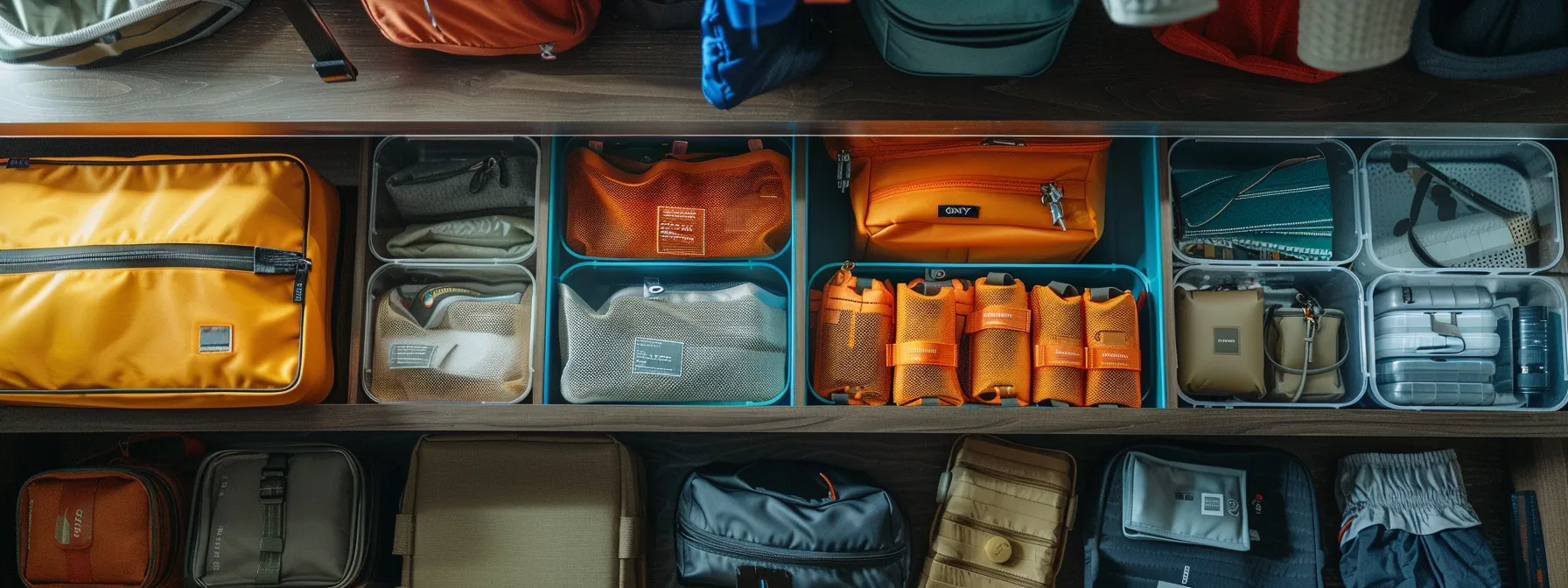 a neatly organized suitcase with packing cubes, compression bags, zippered pouches, and labeled compartments, showcasing efficient space utilization for travel essentials.