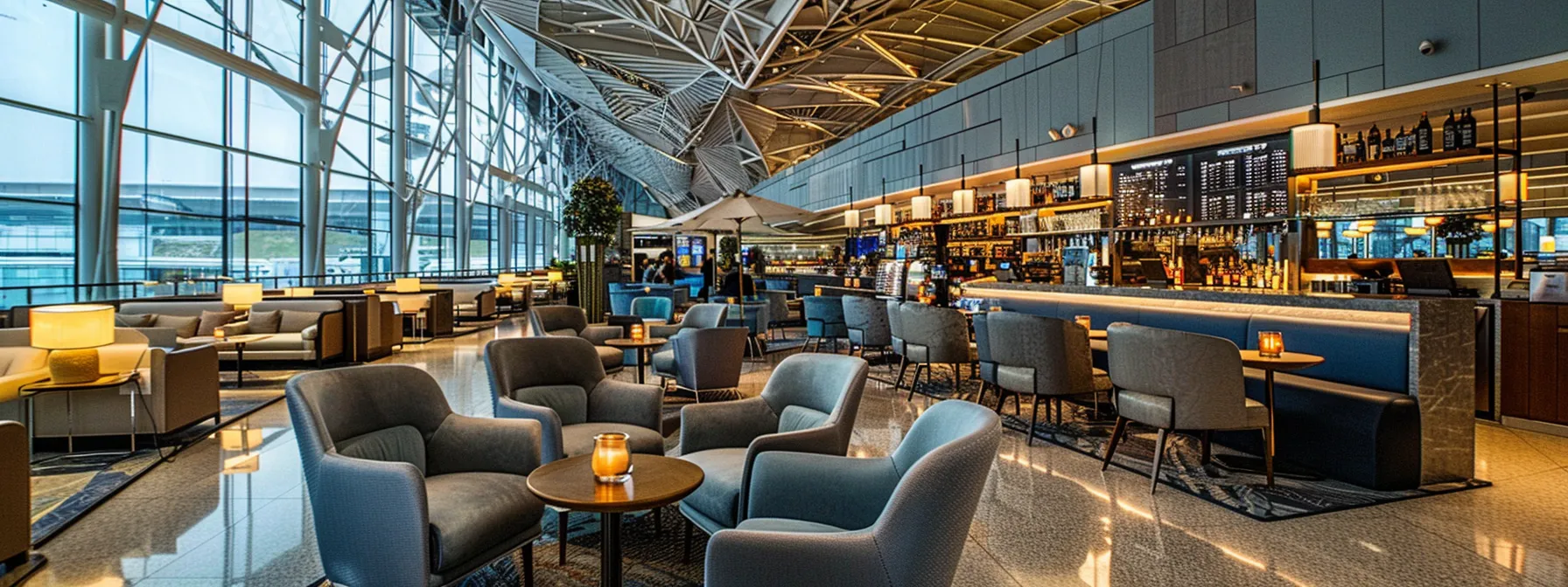 a glamorous airport lounge with plush seating, elegant decor, and a sleek bar, showcasing the luxury and comfort of using credit cards for lounge entry.