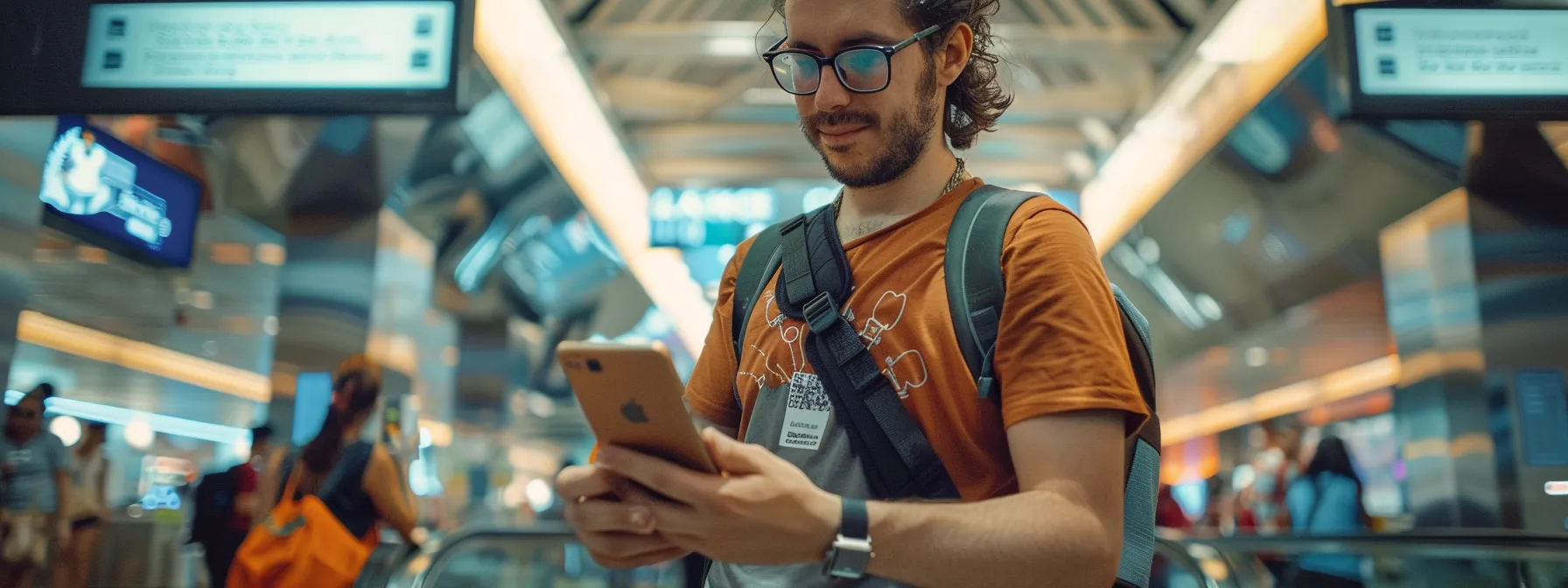 a digital nomad scanning a qr code on their phone for two-factor authentication while traveling through a bustling airport.