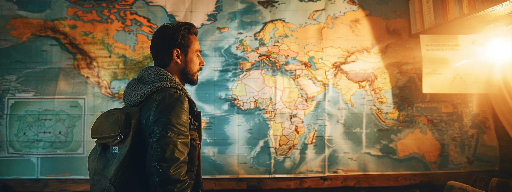 a digital nomad comparing international health insurance plans against a map backdrop, with options for medical emergencies and travel coverage clearly displayed.