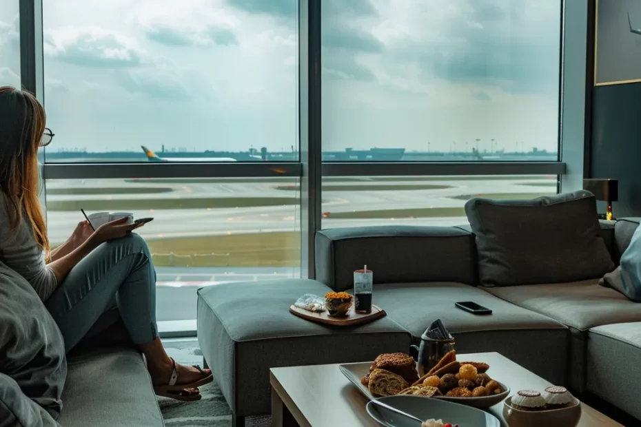 a woman enjoying a luxurious airport lounge with plush seating, a gourmet spread, and a panoramic view of the runway, despite not having a first-class ticket.