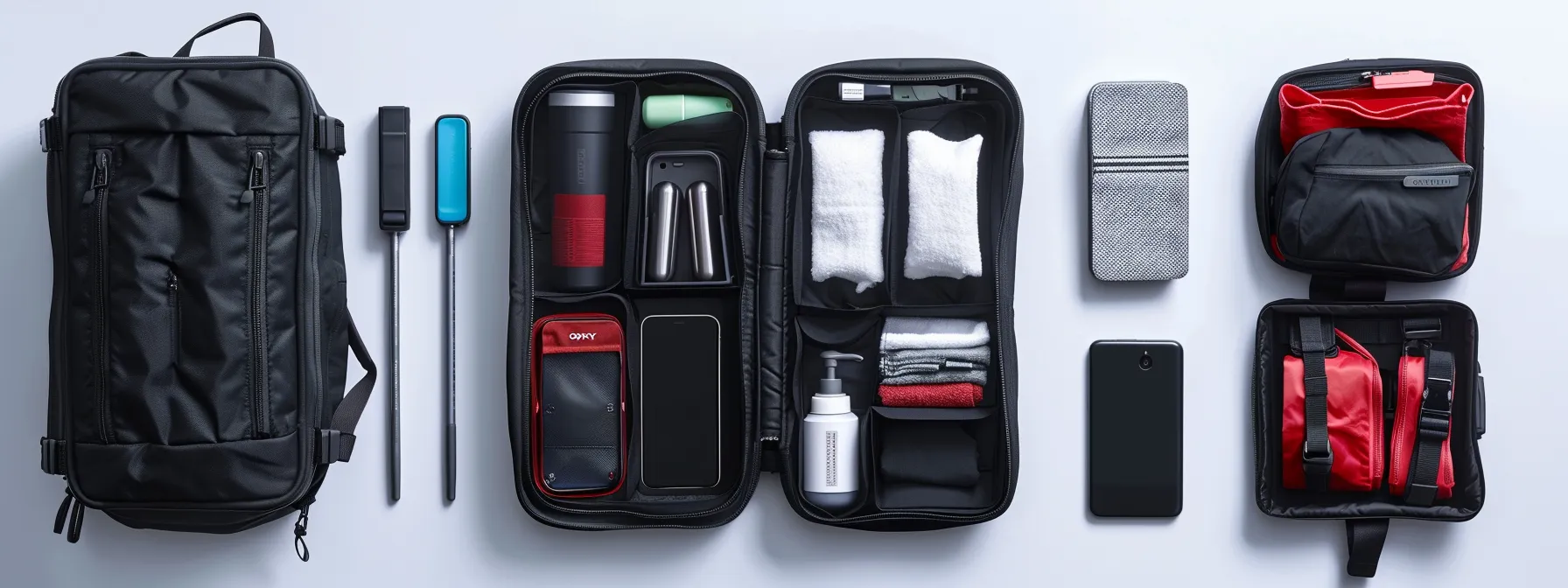 a sleek, organized backpack open to display neatly packed travel accessories like a portable charger, compact toiletry kit, and small notebook.