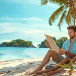 a smiling couple sitting on a tropical beach, holding travel insurance documents, with a clear blue sky and palm trees in the background.