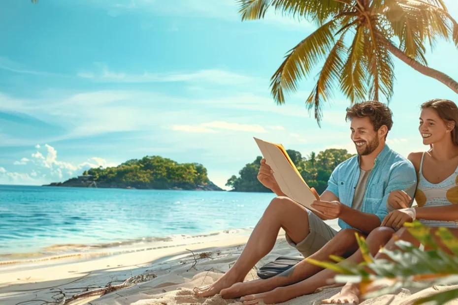 a smiling couple sitting on a tropical beach, holding travel insurance documents, with a clear blue sky and palm trees in the background.