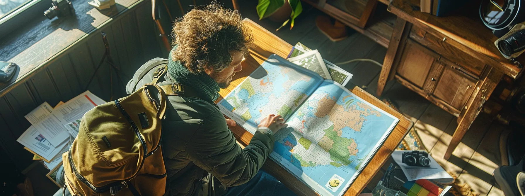 capture a traveler reviewing a brochure, surrounded by maps and travel guides, carefully selecting insurance options to reduce costs and maximize coverage for their upcoming adventures.